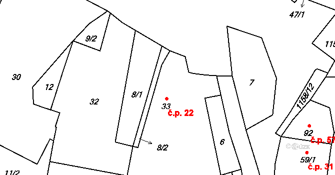 Bystřice 22, Bělá nad Radbuzou na parcele st. 33 v KÚ Bystřice u Bělé nad Radbuzou, Katastrální mapa
