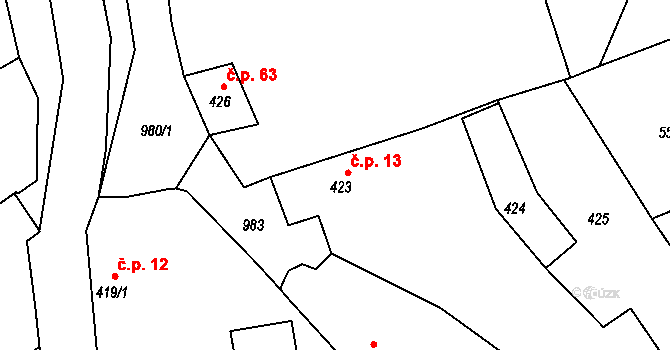 Hlohovčice 13 na parcele st. 423 v KÚ Hlohovčice, Katastrální mapa