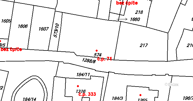 Plešivec 71, Český Krumlov na parcele st. 574 v KÚ Český Krumlov, Katastrální mapa