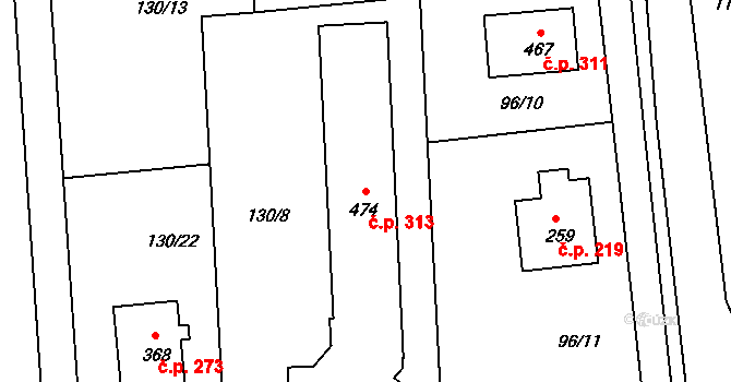 Hořátev 313 na parcele st. 474 v KÚ Hořátev, Katastrální mapa