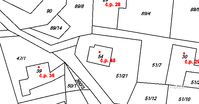 Radostovice 45, Světlá nad Sázavou na parcele st. 54 v KÚ Radostovice u Lipničky, Katastrální mapa