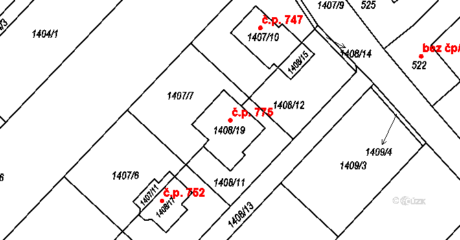 Troubsko 775 na parcele st. 1408/19 v KÚ Troubsko, Katastrální mapa