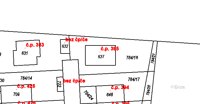 Kyšice 385 na parcele st. 637 v KÚ Kyšice u Plzně, Katastrální mapa