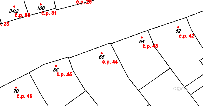 Chvalnov 44, Chvalnov-Lísky na parcele st. 66 v KÚ Chvalnov, Katastrální mapa