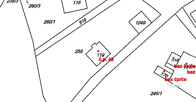 Postřelná 42, Jablonné v Podještědí na parcele st. 119 v KÚ Postřelná, Katastrální mapa