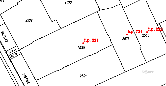 Rohatec 221 na parcele st. 2530 v KÚ Rohatec, Katastrální mapa