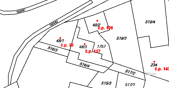 Rychaltice 117, Hukvaldy na parcele st. 48/3 v KÚ Rychaltice, Katastrální mapa
