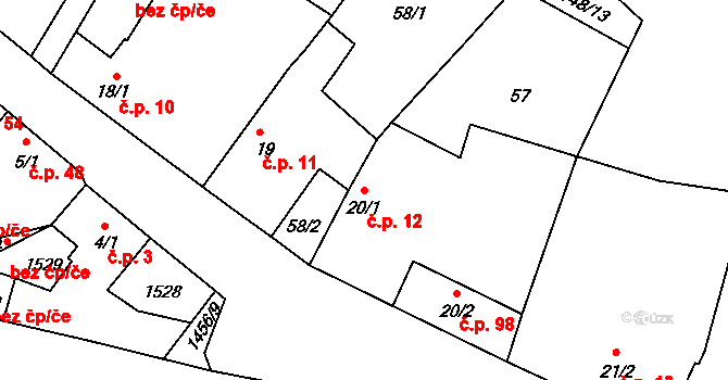 Tetín 12 na parcele st. 20/1 v KÚ Tetín u Berouna, Katastrální mapa