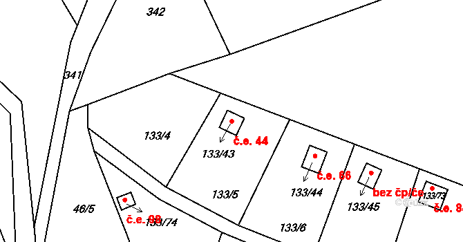 Chotovice 44 na parcele st. 133/43 v KÚ Chotovice u Nového Boru, Katastrální mapa
