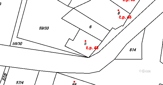Lkáň 48 na parcele st. 5 v KÚ Lkáň, Katastrální mapa