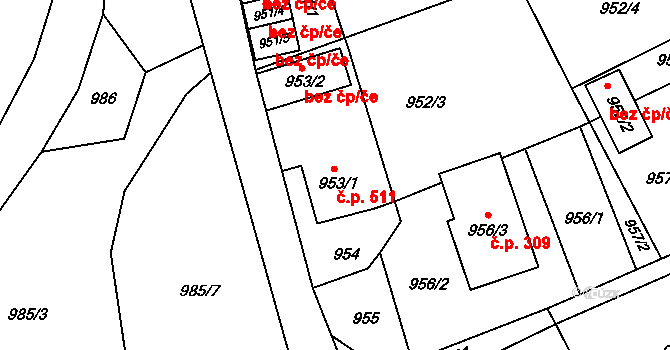 Jilemnice 511 na parcele st. 953/1 v KÚ Jilemnice, Katastrální mapa