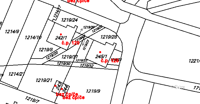 Měrunice 128 na parcele st. 245/1 v KÚ Měrunice, Katastrální mapa