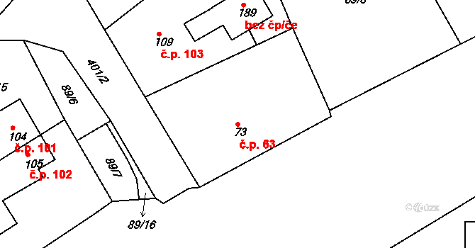 Borek 63, Rokycany na parcele st. 73 v KÚ Borek u Rokycan, Katastrální mapa