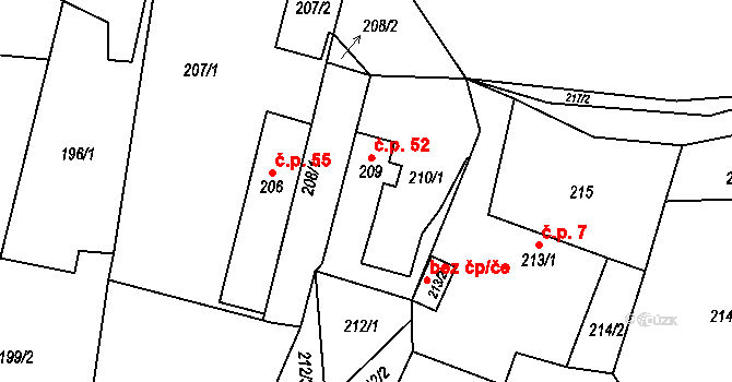 Hrdlořezy 52, Suchdol nad Lužnicí na parcele st. 209 v KÚ Hrdlořezy u Suchdola nad Lužnicí, Katastrální mapa