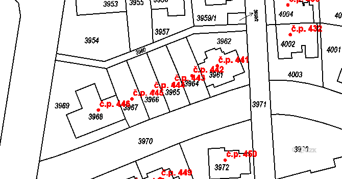 Záběhlice 443, Praha na parcele st. 3965 v KÚ Záběhlice, Katastrální mapa