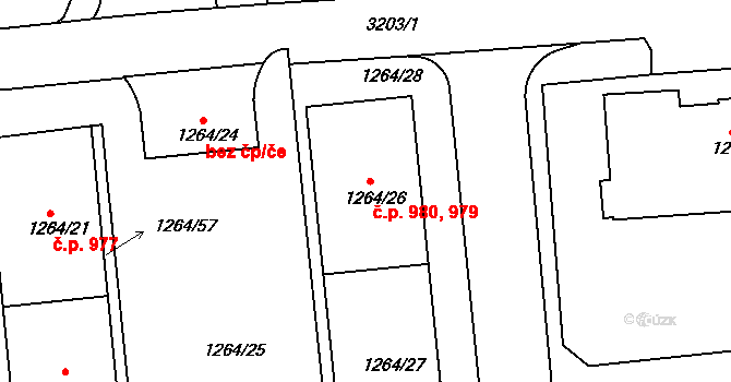 Krč 979,980, Praha na parcele st. 1264/26 v KÚ Krč, Katastrální mapa