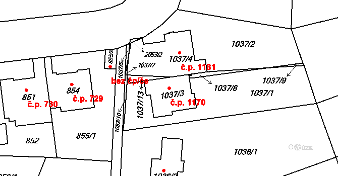 Košíře 1170, Praha na parcele st. 1037/3 v KÚ Košíře, Katastrální mapa
