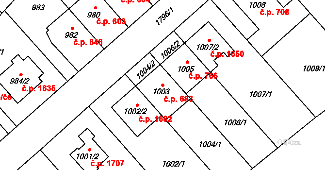 Kobylisy 683, Praha na parcele st. 1003 v KÚ Kobylisy, Katastrální mapa