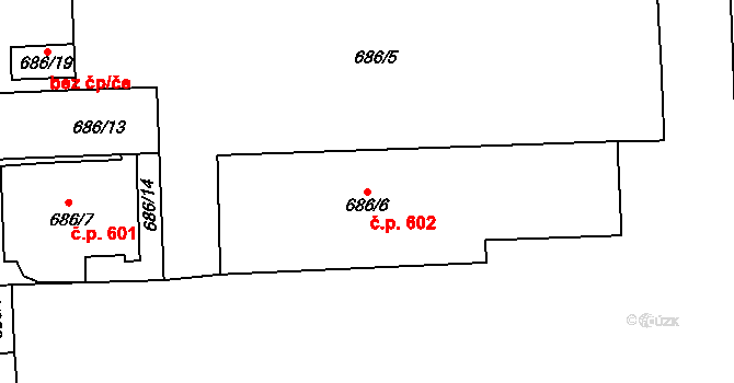 Malešice 602, Praha na parcele st. 686/6 v KÚ Malešice, Katastrální mapa