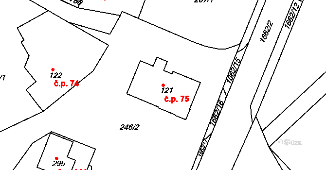 Dolní Branná 75 na parcele st. 121 v KÚ Dolní Branná, Katastrální mapa