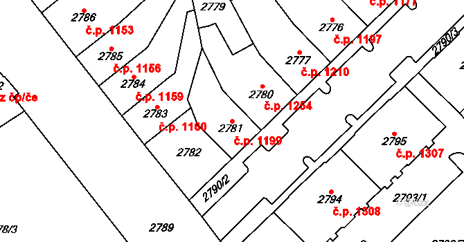 Chomutov 1199 na parcele st. 2781 v KÚ Chomutov I, Katastrální mapa