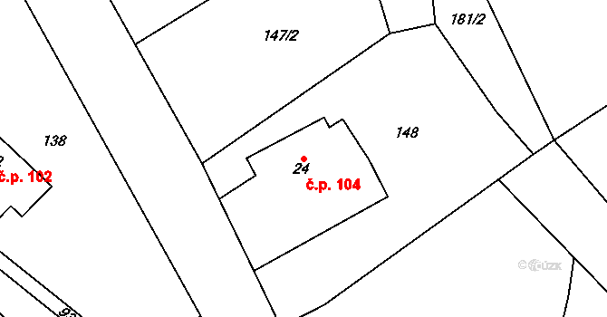 Kocbeře 104 na parcele st. 24 v KÚ Kocbeře, Katastrální mapa