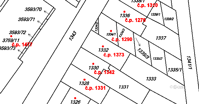 Šlapanice 1373 na parcele st. 1332 v KÚ Šlapanice u Brna, Katastrální mapa