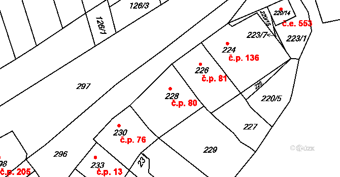 Mokrá 80, Mokrá-Horákov na parcele st. 228 v KÚ Mokrá u Brna, Katastrální mapa