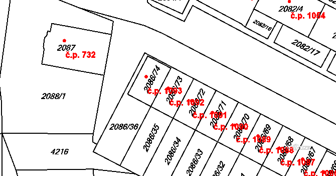 Jemnice 1092 na parcele st. 2086/73 v KÚ Jemnice, Katastrální mapa