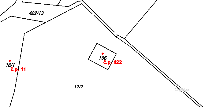 Červený Hrádek 122, Bečváry na parcele st. 166 v KÚ Červený Hrádek u Bečvár, Katastrální mapa
