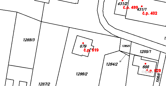 Kamenice 519 na parcele st. 679 v KÚ Kamenice u Jihlavy, Katastrální mapa