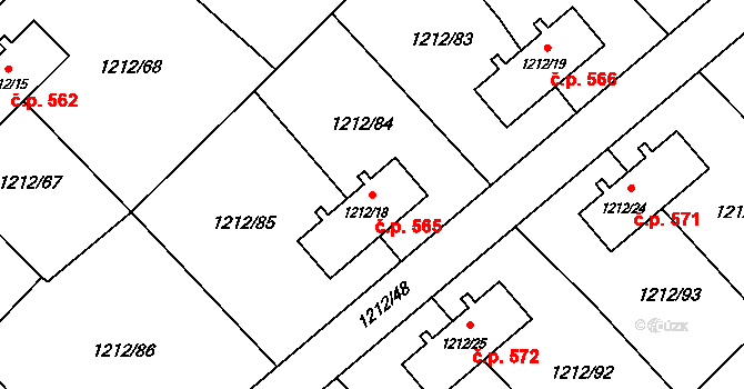 Hrušov 565, Ostrava na parcele st. 1212/18 v KÚ Hrušov, Katastrální mapa
