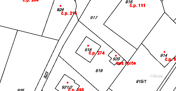 Hvozdná 274 na parcele st. 918 v KÚ Hvozdná, Katastrální mapa