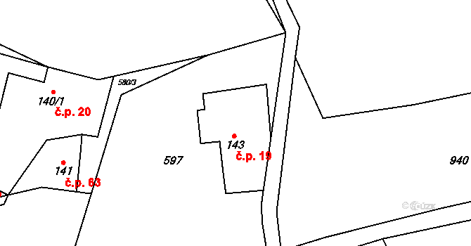 Dlouhý Důl 19, Krásná Lípa na parcele st. 143 v KÚ Kyjov u Krásné Lípy, Katastrální mapa