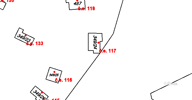 Hoješín 117, Seč na parcele st. 349/24 v KÚ Hoješín, Katastrální mapa