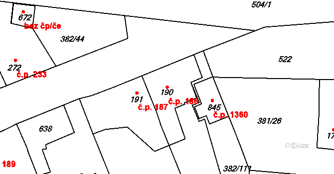 Rudná 186 na parcele st. 190 v KÚ Dušníky u Rudné, Katastrální mapa