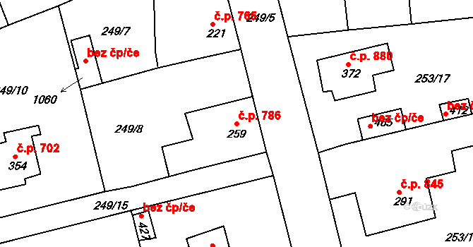 Rudná 786 na parcele st. 259 v KÚ Hořelice, Katastrální mapa