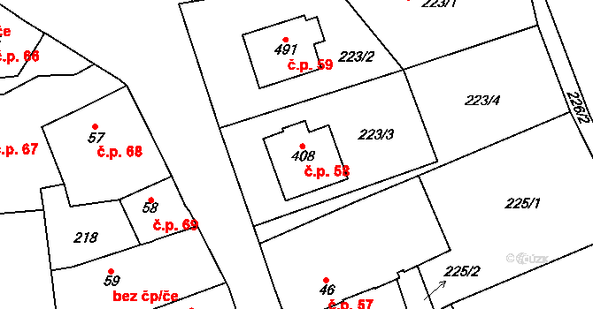 Jistebnice 58 na parcele st. 408 v KÚ Jistebnice, Katastrální mapa