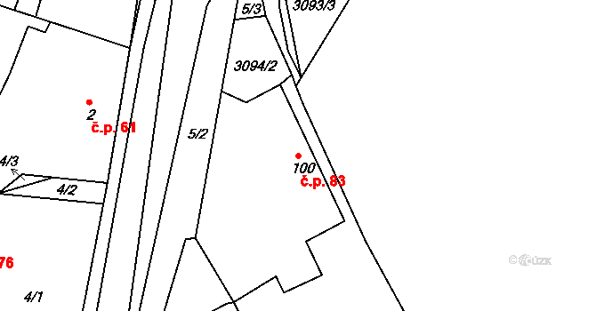 Měčín 83 na parcele st. 100 v KÚ Měčín, Katastrální mapa