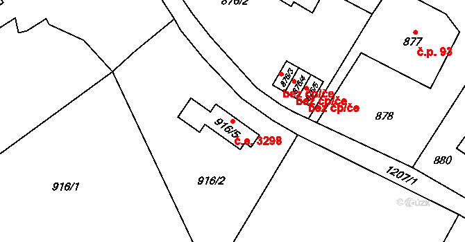 Újezd 3298, Plzeň na parcele st. 916/5 v KÚ Újezd, Katastrální mapa