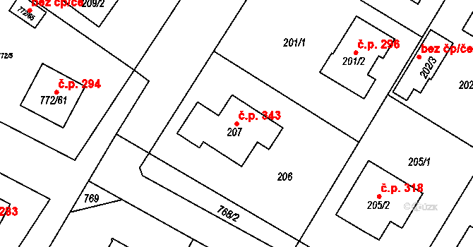 Senec 343, Zruč-Senec na parcele st. 207 v KÚ Senec u Plzně, Katastrální mapa