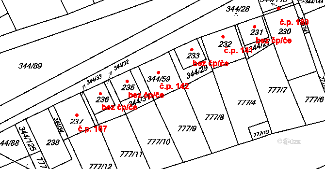 Milovice 142 na parcele st. 344/59 v KÚ Milovice u Mikulova, Katastrální mapa