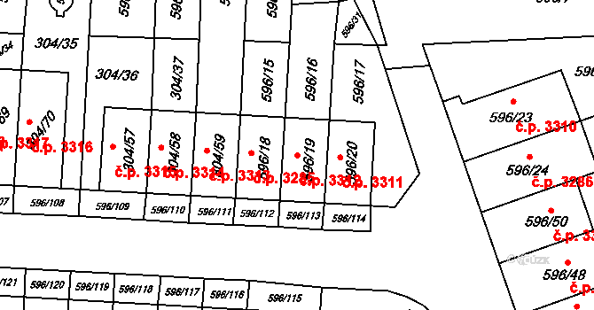 Znojmo 3312 na parcele st. 596/19 v KÚ Znojmo-Louka, Katastrální mapa