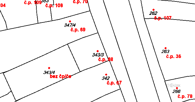 Uhřičice 68 na parcele st. 343/3 v KÚ Uhřičice, Katastrální mapa