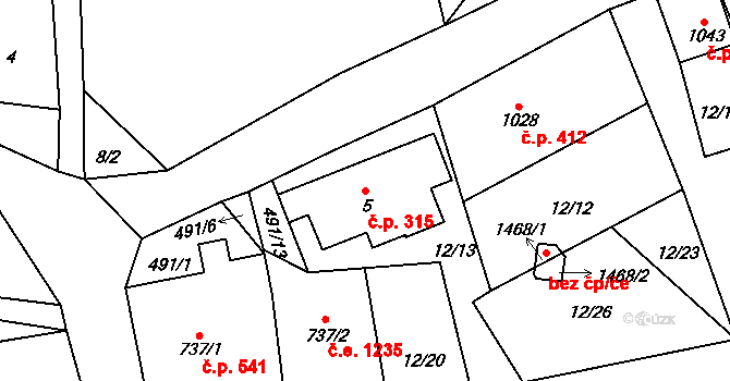 Polubný 315, Kořenov na parcele st. 5 v KÚ Polubný, Katastrální mapa