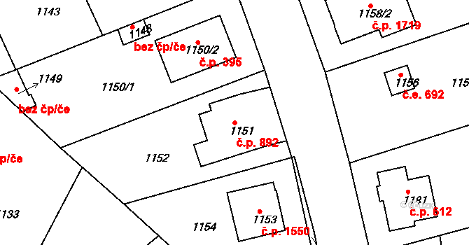 Roztoky 892 na parcele st. 1151 v KÚ Roztoky u Prahy, Katastrální mapa