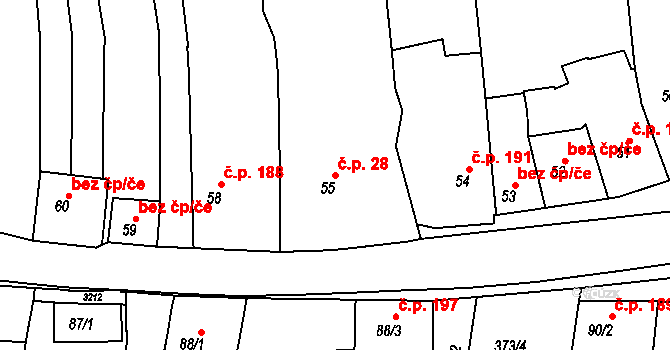 Žeravice 28 na parcele st. 55 v KÚ Žeravice u Kyjova, Katastrální mapa