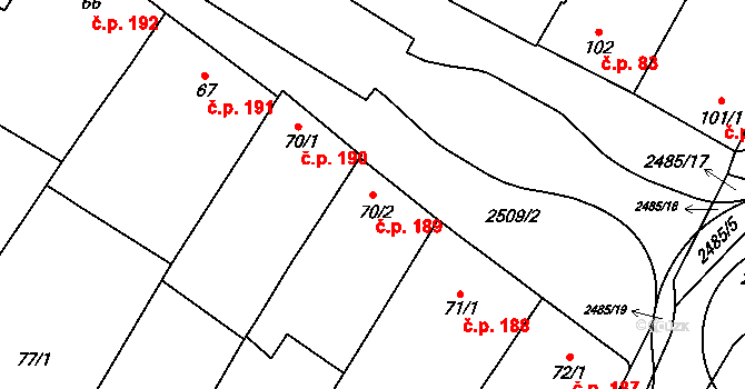 Kyjov 189 na parcele st. 70/2 v KÚ Kyjov, Katastrální mapa