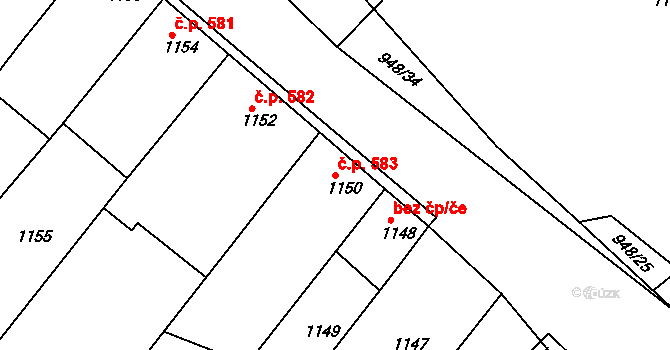 Rousínovec 583, Rousínov na parcele st. 1150 v KÚ Rousínov u Vyškova, Katastrální mapa