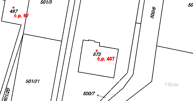 Budyně nad Ohří 407 na parcele st. 573 v KÚ Budyně nad Ohří, Katastrální mapa